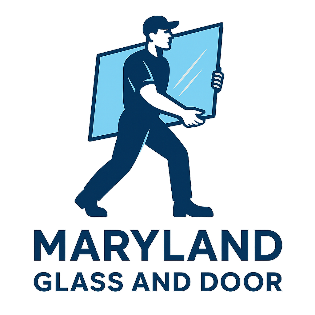 A worker in blue carrying a pane of glass; Maryland Glass and Door text below.